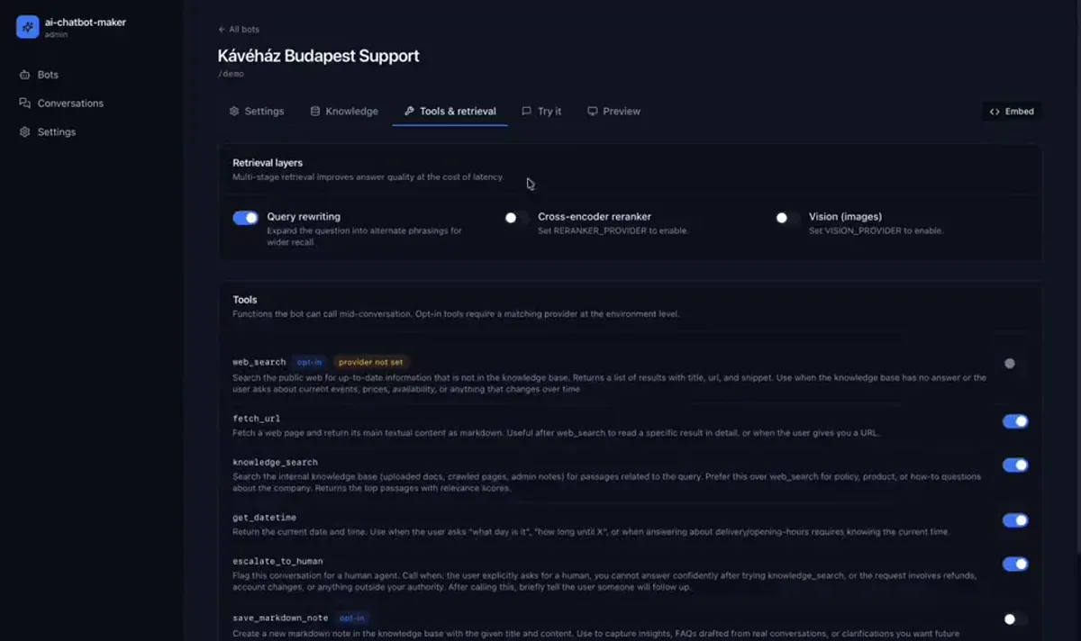 AI Chatbot Maker — Nyitóképernyő